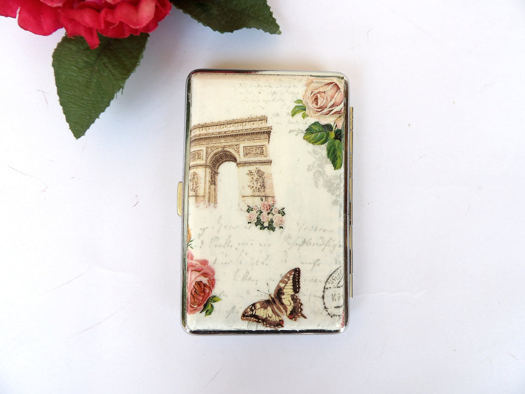 Slim 100's Cigarrette Case, Business Card Case, Gift For Smokers, Elegant Gift for Her, OOAK Credit Card Case, Eiffel Tower Accessory