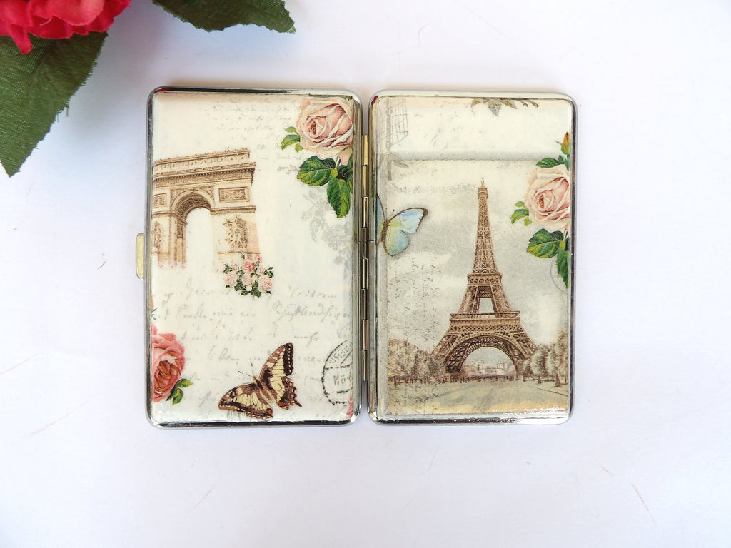 Slim 100's Cigarrette Case, Business Card Case, Gift For Smokers, Elegant Gift for Her, OOAK Credit Card Case, Eiffel Tower Accessory