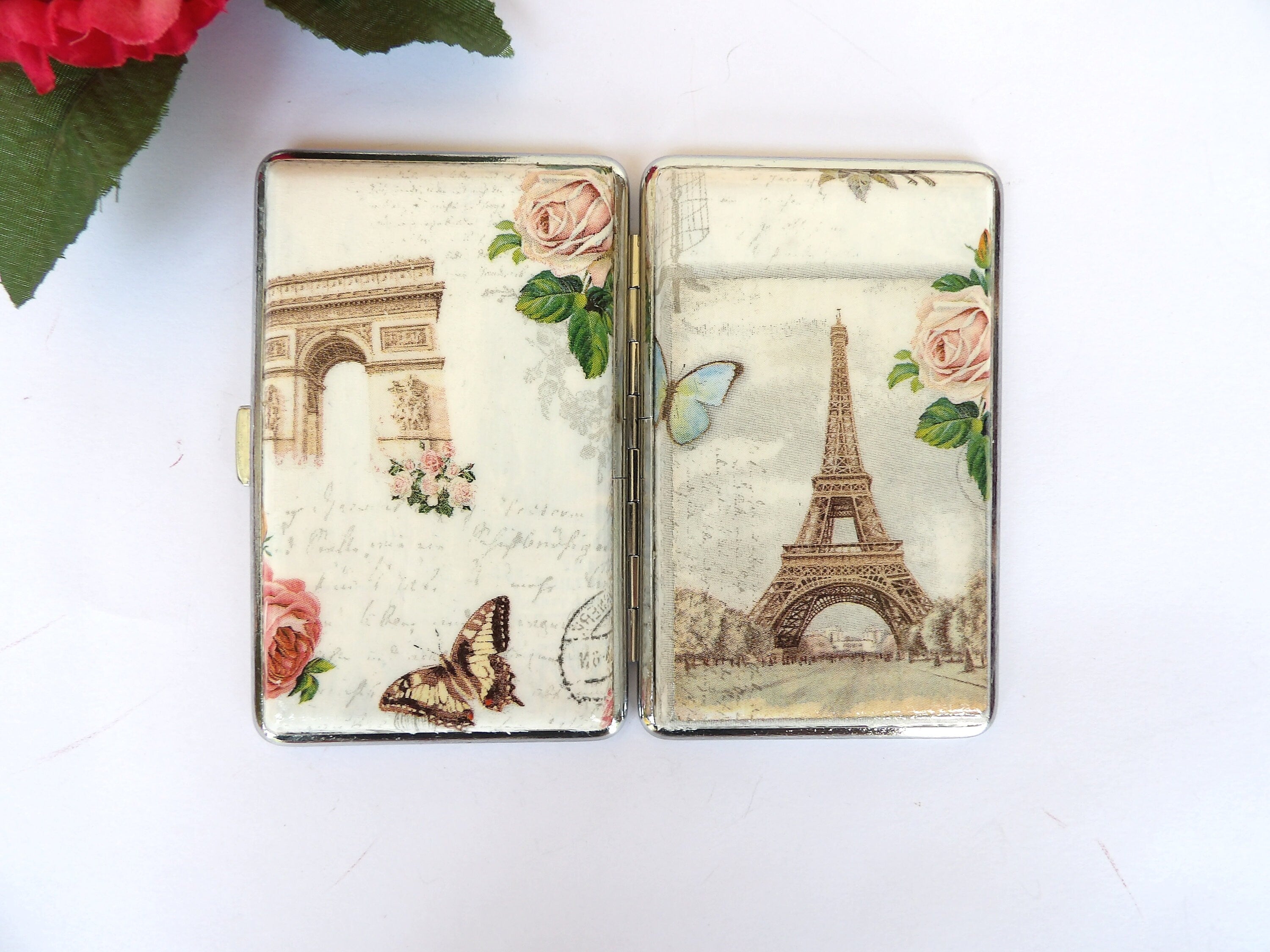 Slim 100's Cigarrette Case, Business Card Case, Gift For Smokers, Elegant Gift for Her, OOAK Credit Card Case, Eiffel Tower Accessory