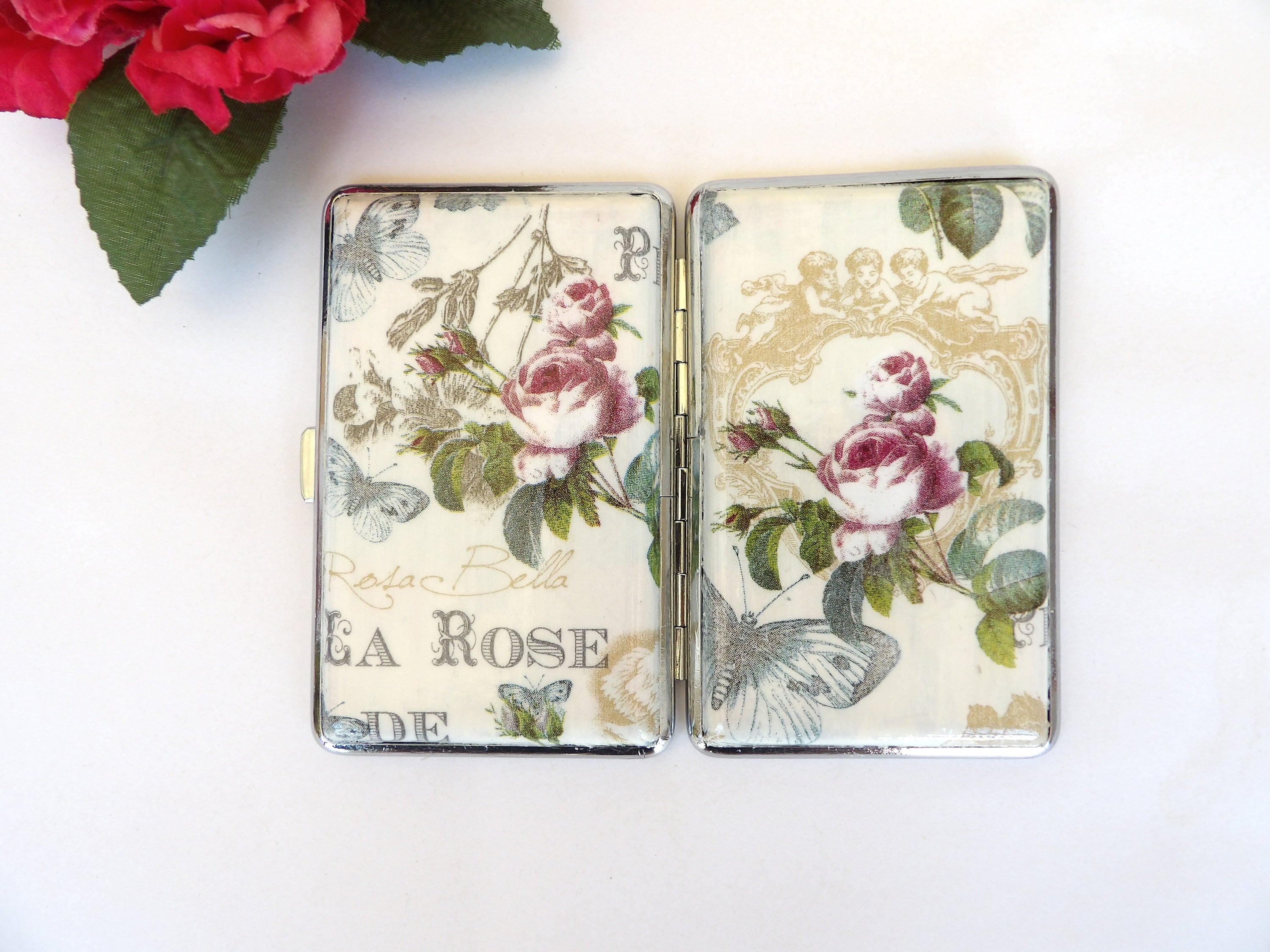 Rose slim cigarette case, business card holder, cigarrette holder, credit card box, women wallet, floral gift for her, vintage angels case