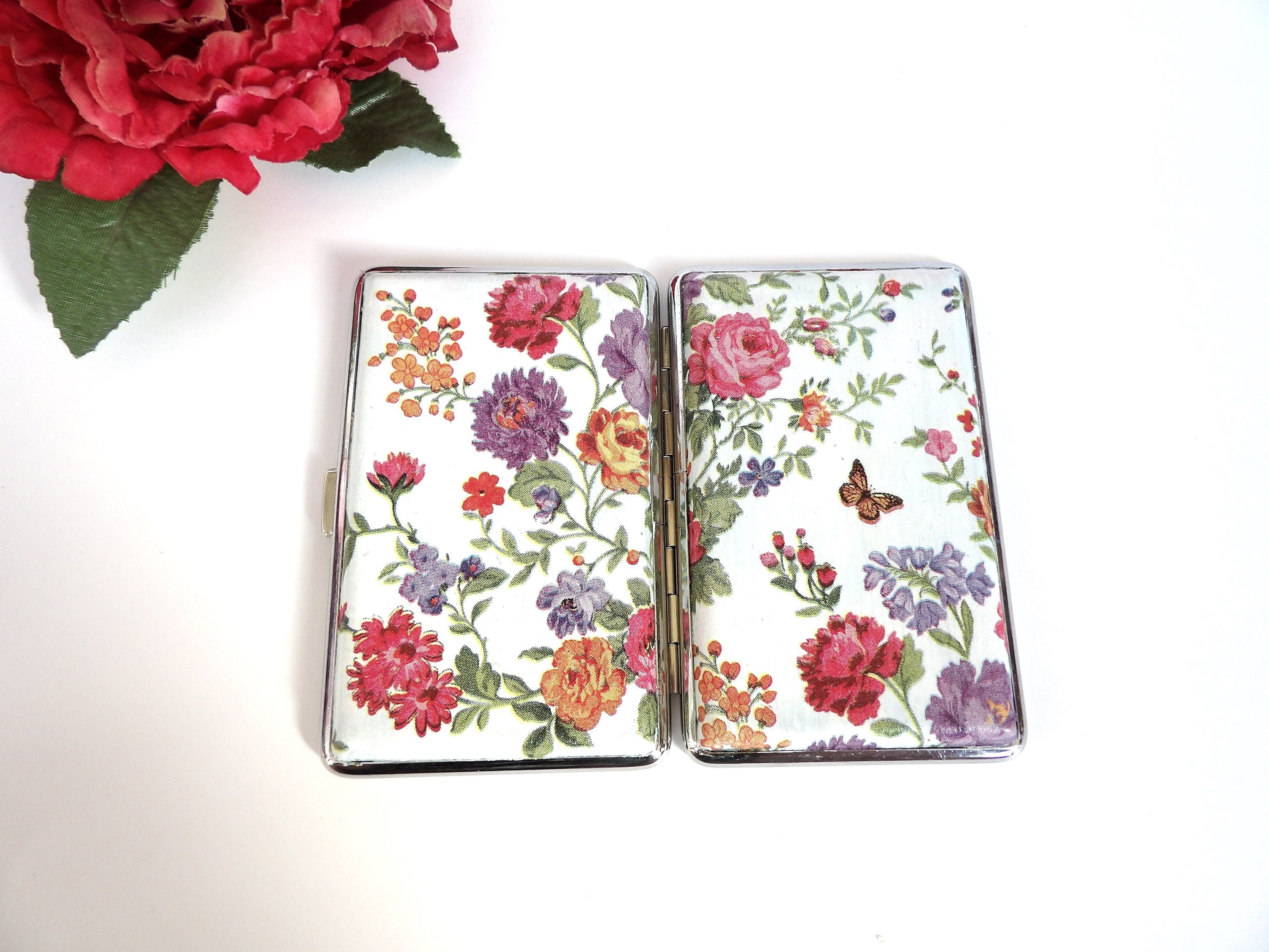 Flower cigarette case, slim cigarette box, business card case, gift for her, gift for smokers, doble sided case, credit card case, OOAK gift