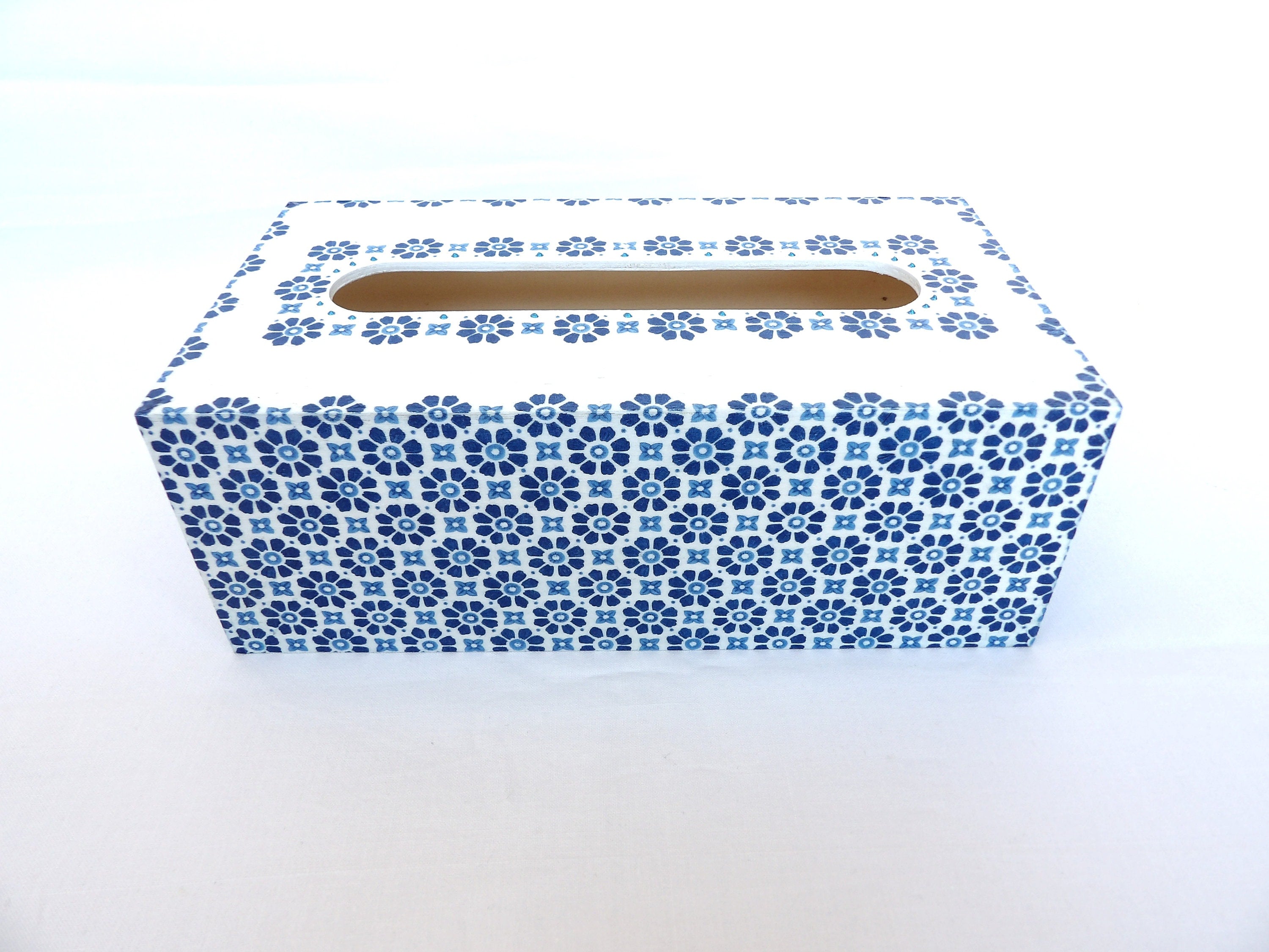 Blue Mediterranean Tile Wooden Tissue Box Cover: Decoupage Decor