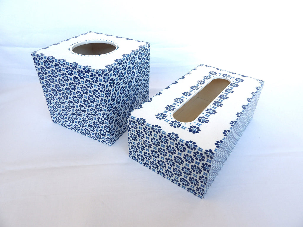 Blue Mediterranean Tile Wooden Tissue Box Cover: Decoupage Decor