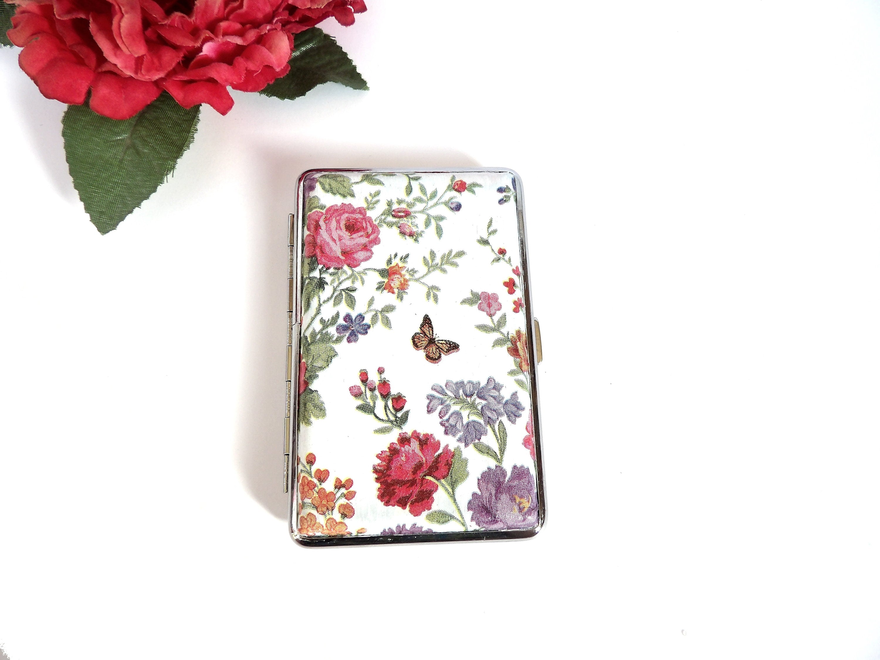 Flower cigarette case, slim cigarette box, business card case, gift for her, gift for smokers, doble sided case, credit card case, OOAK gift