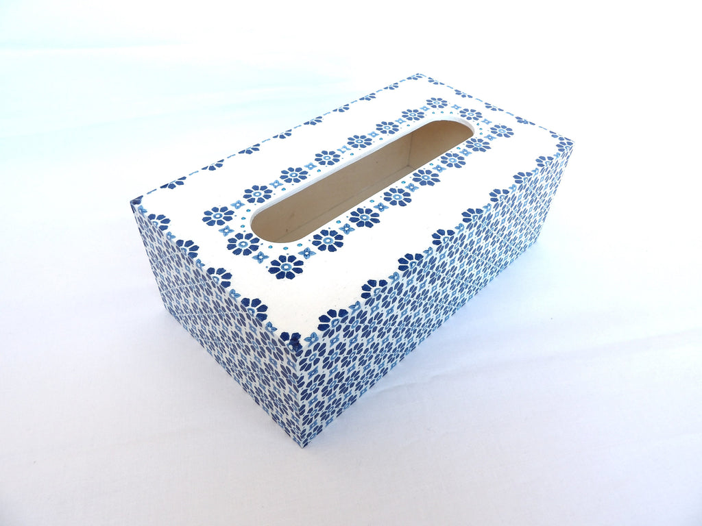 Blue Mediterranean Tile Wooden Tissue Box Cover: Decoupage Decor