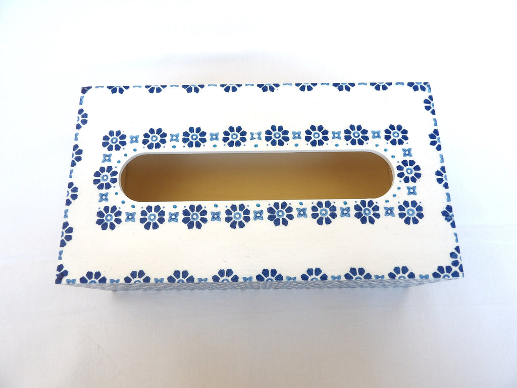 Blue Mediterranean Tile Wooden Tissue Box Cover: Decoupage Decor