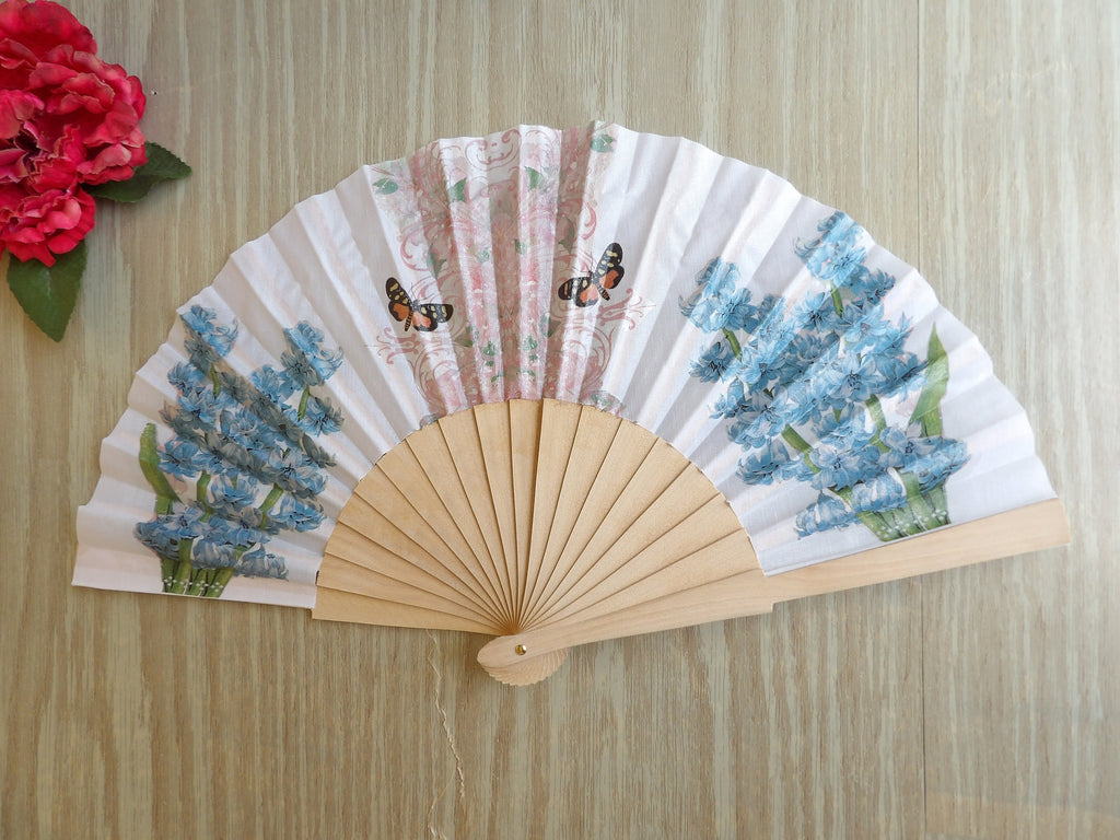 Blue Hyacinth Hand Fan with Butterfly and Flower Design - Wedding Gift and Home Decor Accessory for Evening Dress - Floral Hand Fan