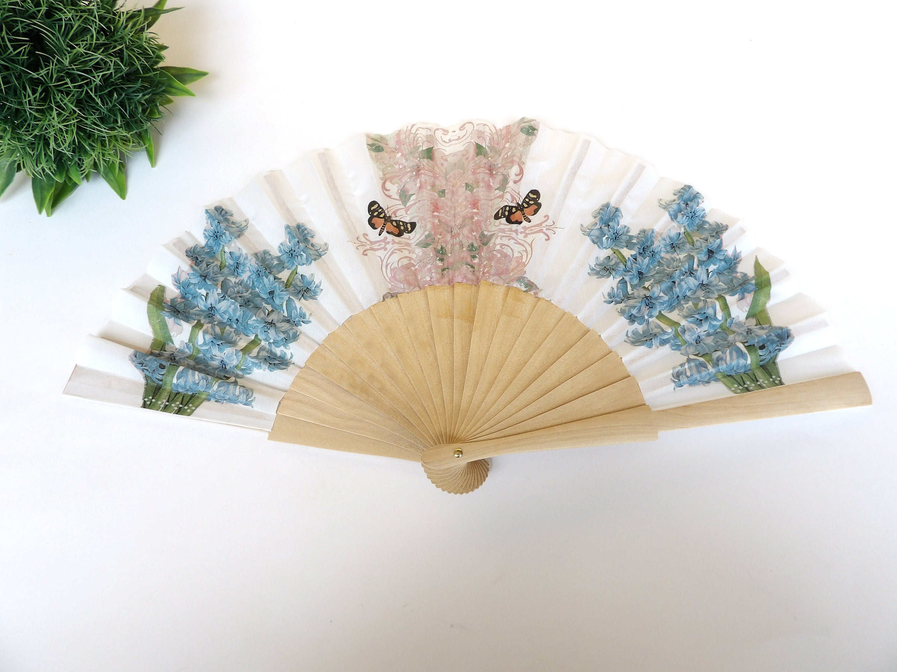 Blue Hyacinth Hand Fan with Butterfly and Flower Design - Wedding Gift and Home Decor Accessory for Evening Dress - Floral Hand Fan