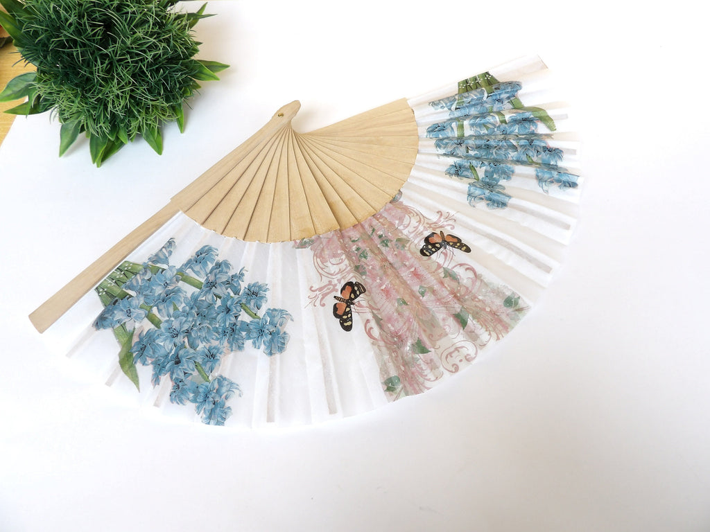 Blue Hyacinth Hand Fan with Butterfly and Flower Design - Wedding Gift and Home Decor Accessory for Evening Dress - Floral Hand Fan