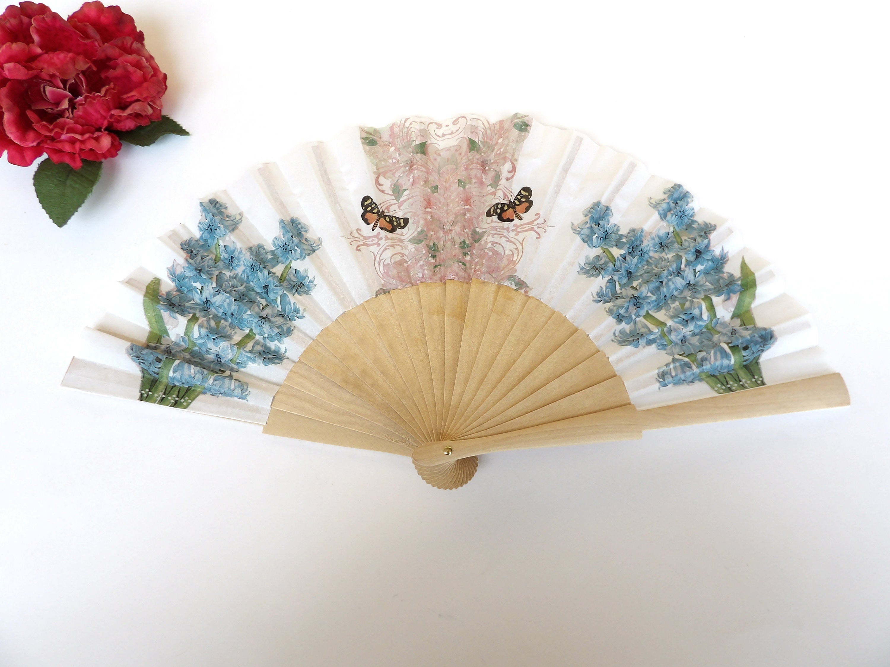Blue Hyacinth Hand Fan with Butterfly and Flower Design - Wedding Gift and Home Decor Accessory for Evening Dress - Floral Hand Fan