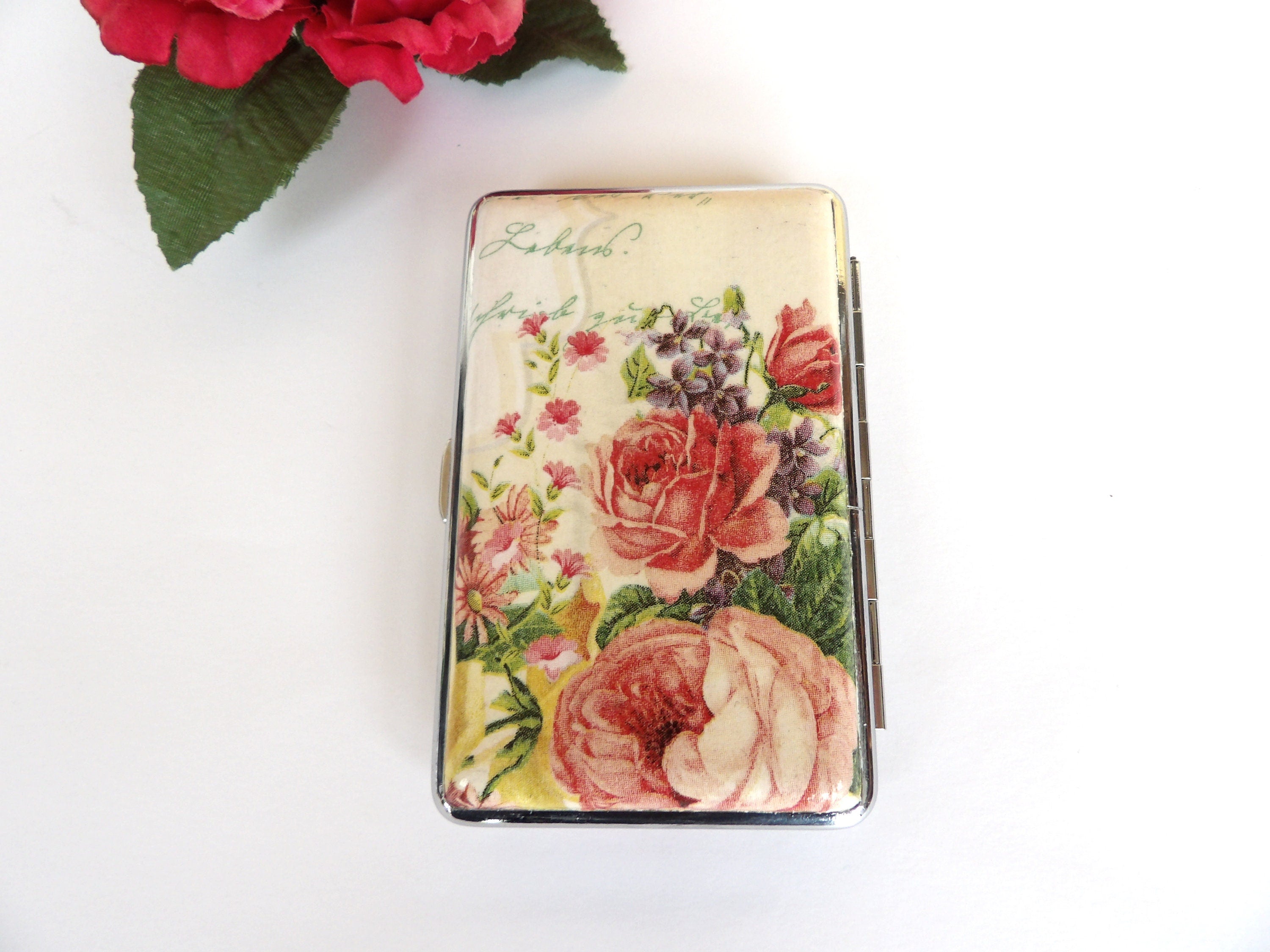 100's cigarrette case, bird and flowers box, business card case, gift for smokers, elegant gift for her, credit card case, clutch case
