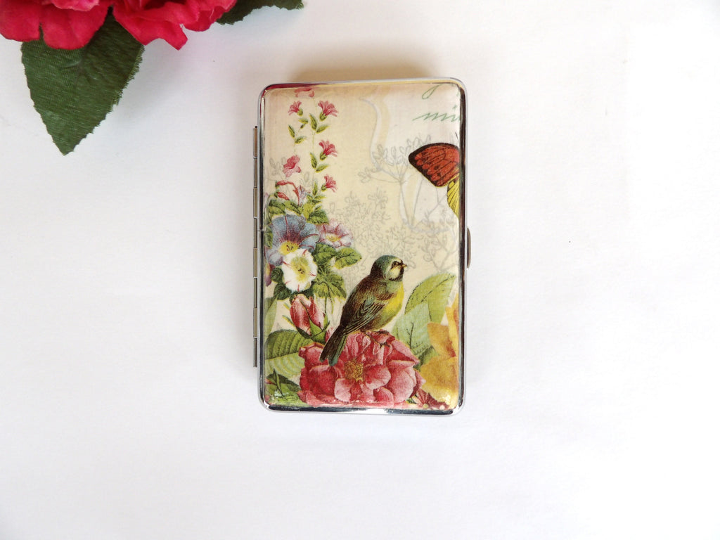 100's cigarrette case, bird and flowers box, business card case, gift for smokers, elegant gift for her, credit card case, clutch case
