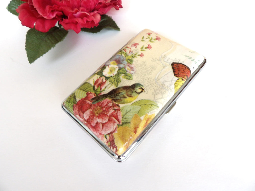 100's cigarrette case, bird and flowers box, business card case, gift for smokers, elegant gift for her, credit card case, clutch case