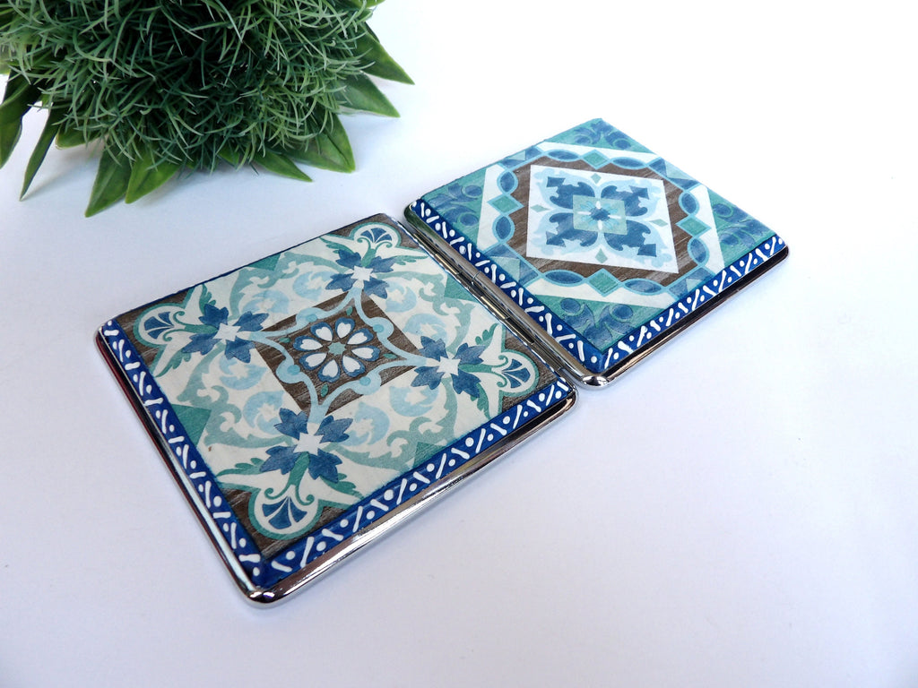 Blue Tiles Cigarrette Case, Regular Size Cigarrette Box, Smoking Accessory, Women Business Card Case, Cigarrette Wallet, Backpack Purse