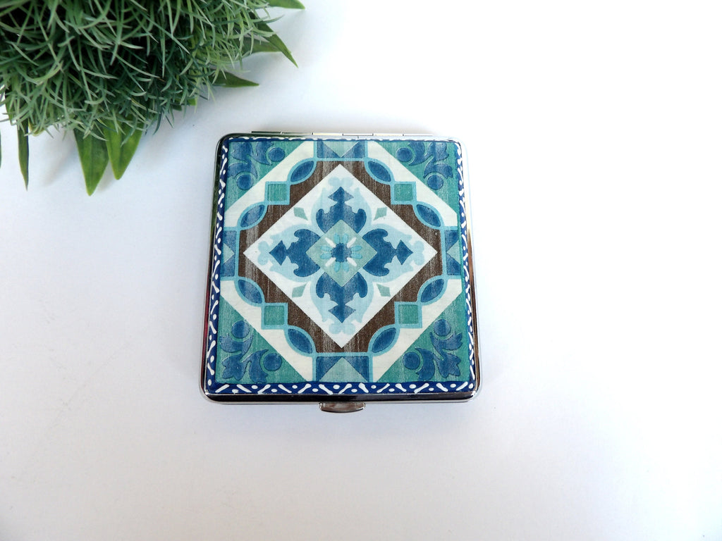 Blue Tiles Cigarrette Case, Regular Size Cigarrette Box, Smoking Accessory, Women Business Card Case, Cigarrette Wallet, Backpack Purse
