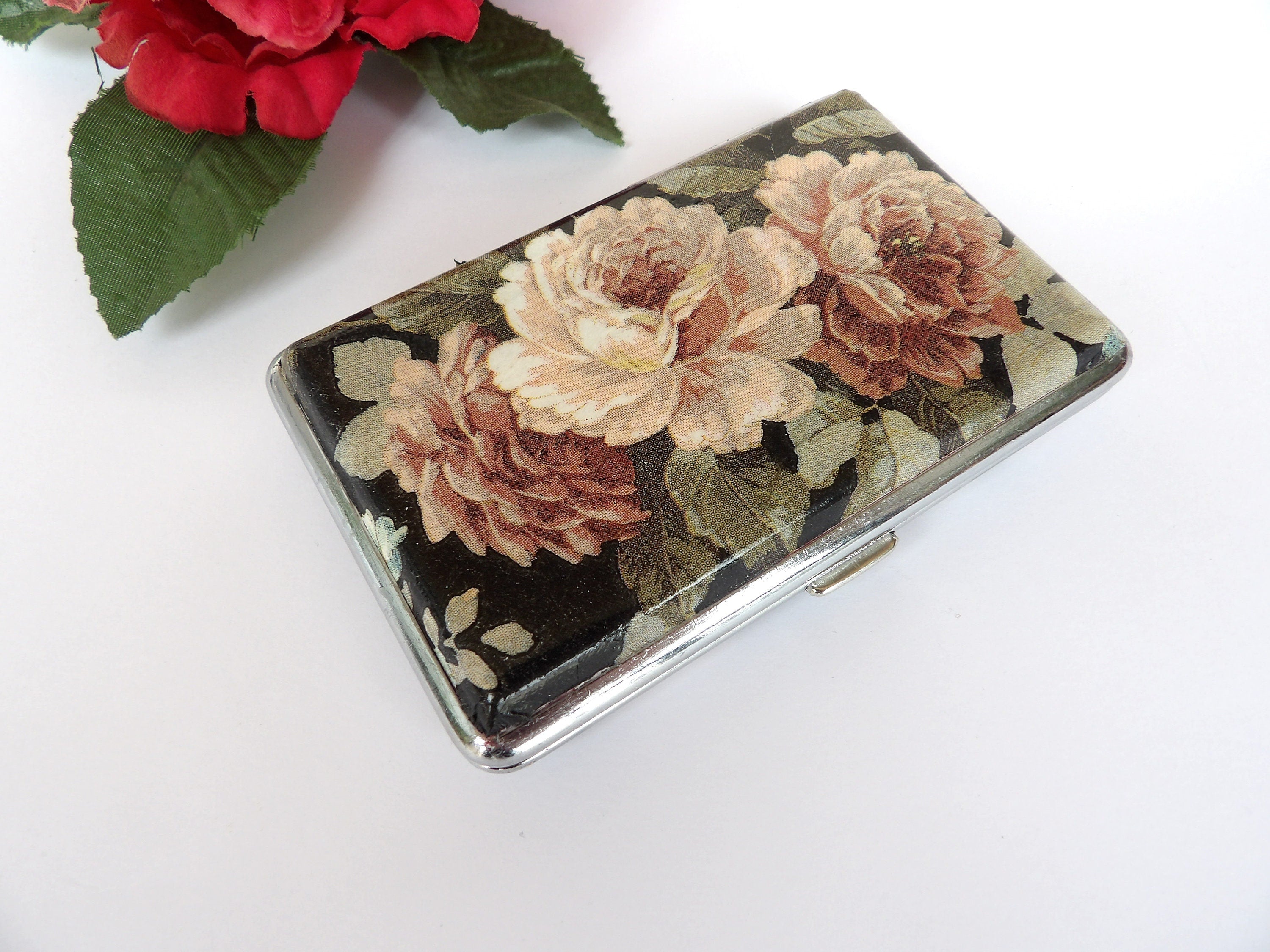 Slim 100's Cigarrette Case with Roses, Floral Box, Business Card Case, Gift for Smokers, Elegant Gift for Her, Credit Card Case, Bag Purse