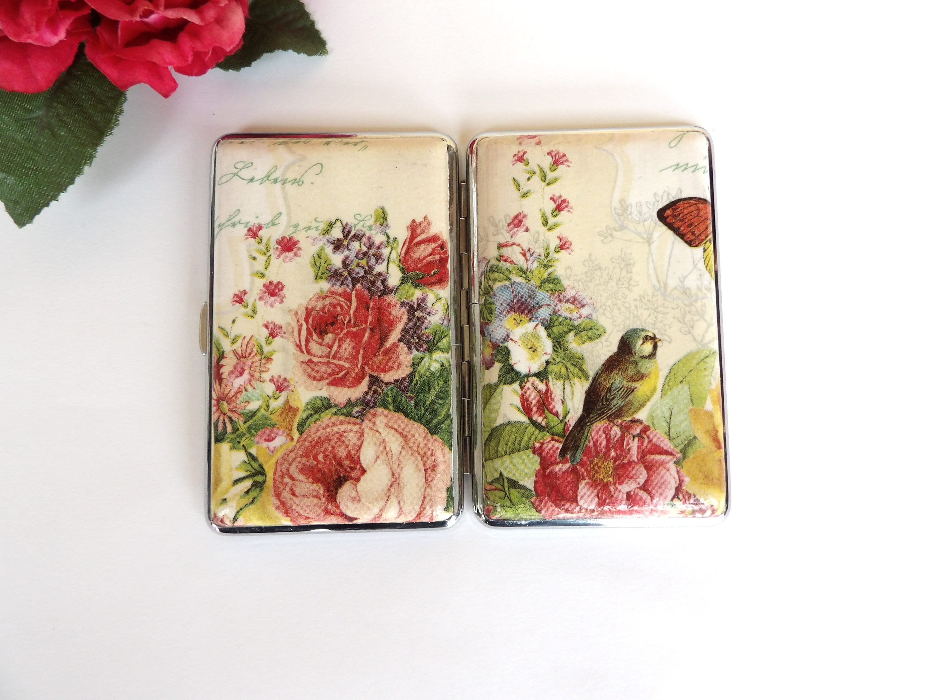 100's cigarrette case, bird and flowers box, business card case, gift for smokers, elegant gift for her, credit card case, clutch case