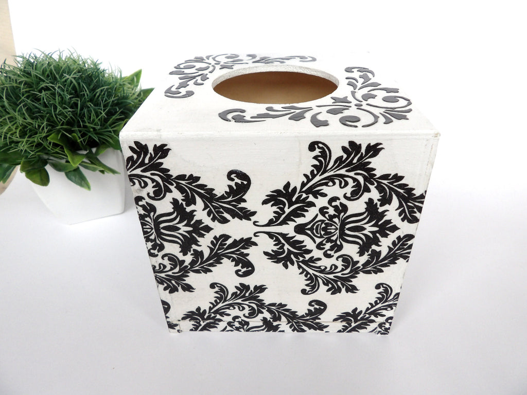 Tissue Box Cover in Black and White Damask Design, Square Tissue Box, Napkins Box, Tissue Dispenser, Kithchen Napkins Holder, New Home Gift