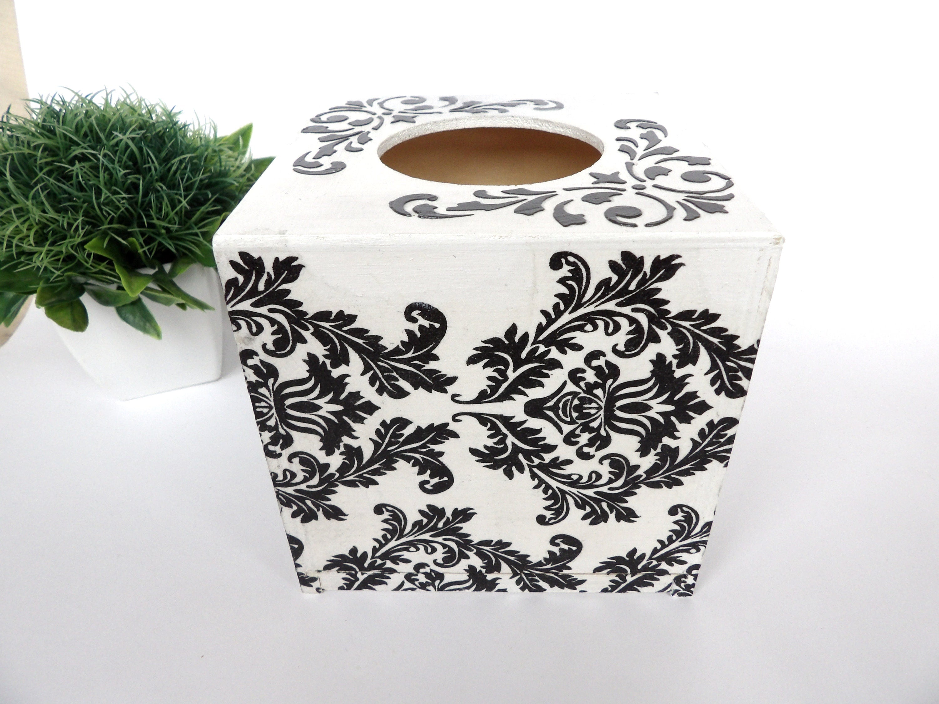 Tissue Box Cover in Black and White Damask Design, Square Tissue Box, Napkins Box, Tissue Dispenser, Kithchen Napkins Holder, New Home Gift