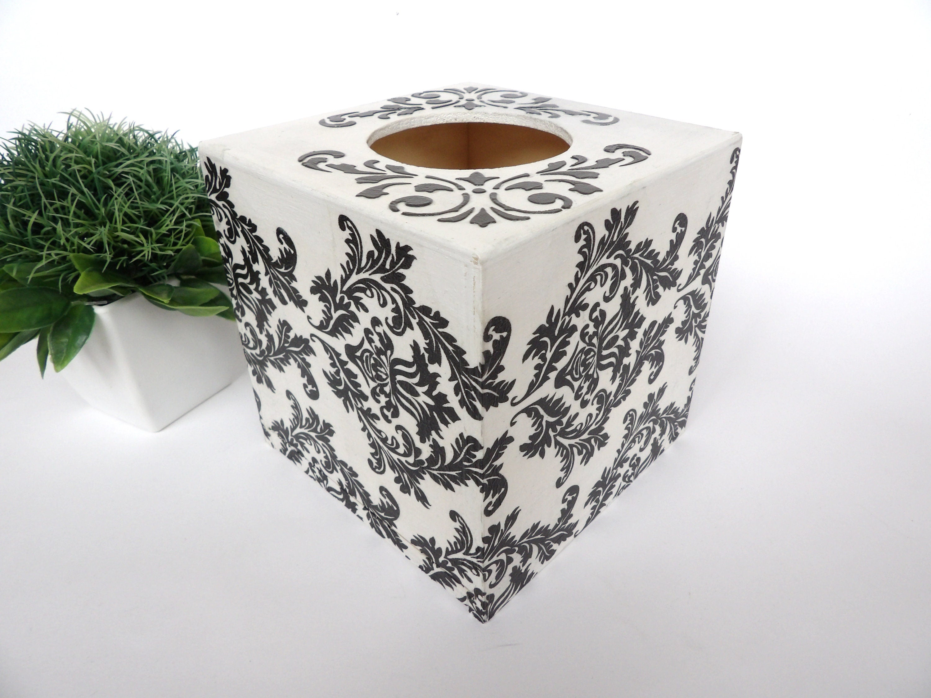 Tissue Box Cover in Black and White Damask Design, Square Tissue Box, Napkins Box, Tissue Dispenser, Kithchen Napkins Holder, New Home Gift