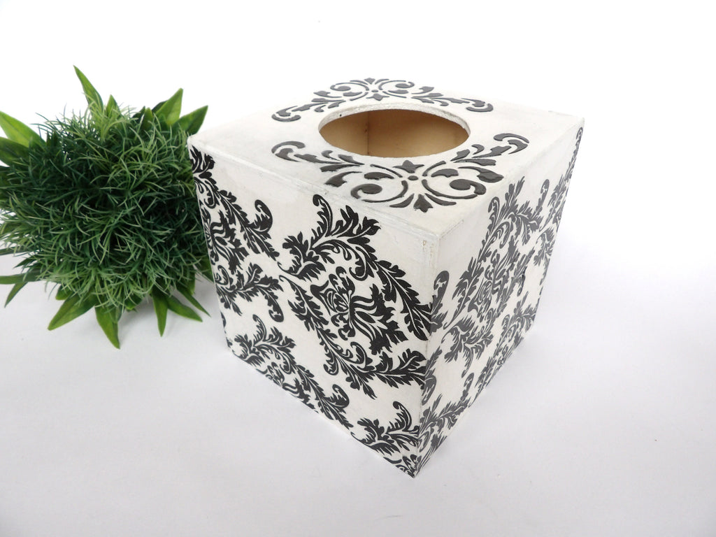 Tissue Box Cover in Black and White Damask Design, Square Tissue Box, Napkins Box, Tissue Dispenser, Kithchen Napkins Holder, New Home Gift