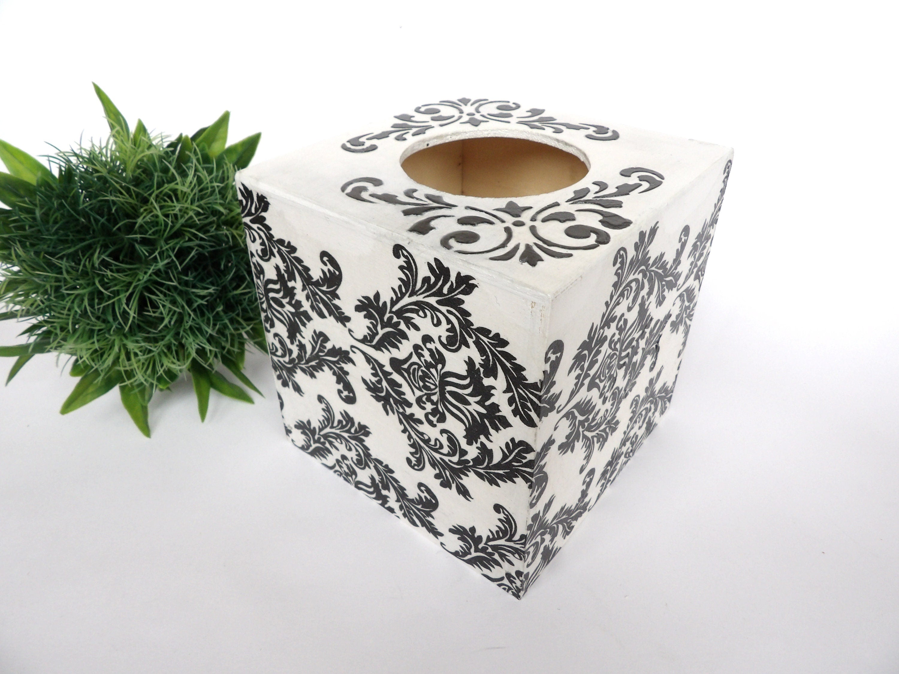 Tissue Box Cover in Black and White Damask Design, Square Tissue Box, Napkins Box, Tissue Dispenser, Kithchen Napkins Holder, New Home Gift