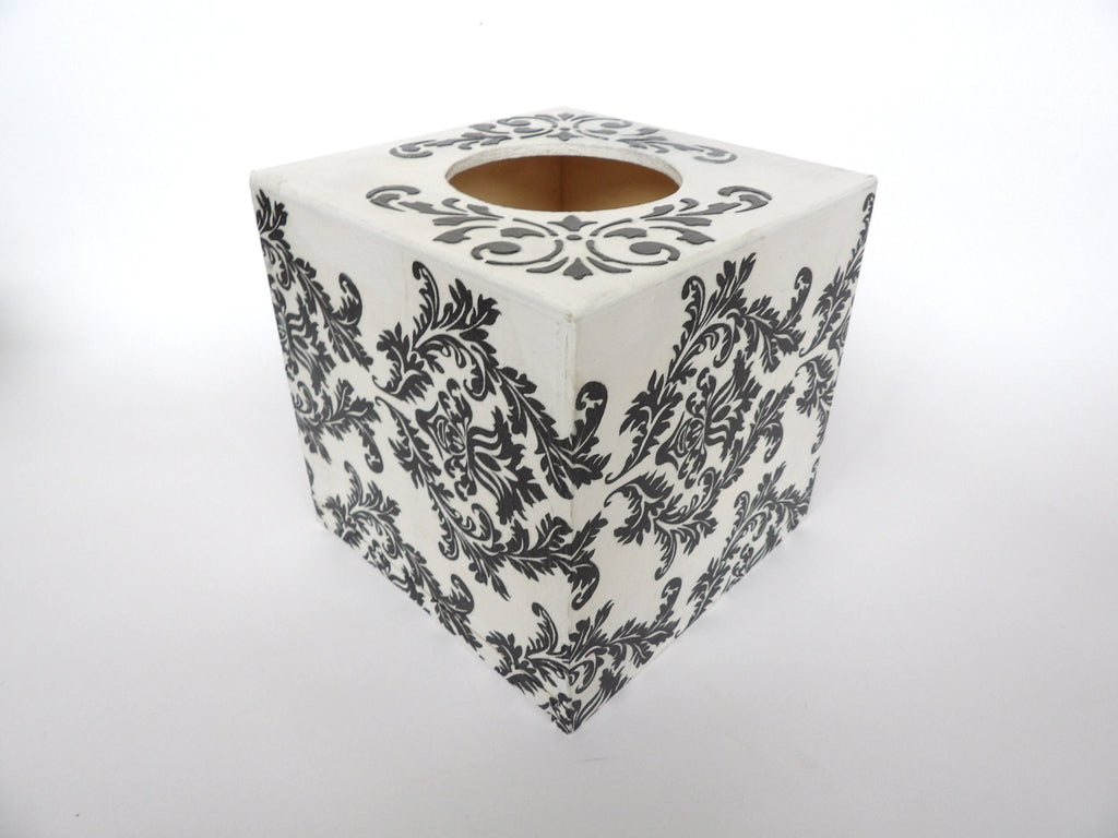 Tissue Box Cover in Black and White Damask Design, Square Tissue Box, Napkins Box, Tissue Dispenser, Kithchen Napkins Holder, New Home Gift