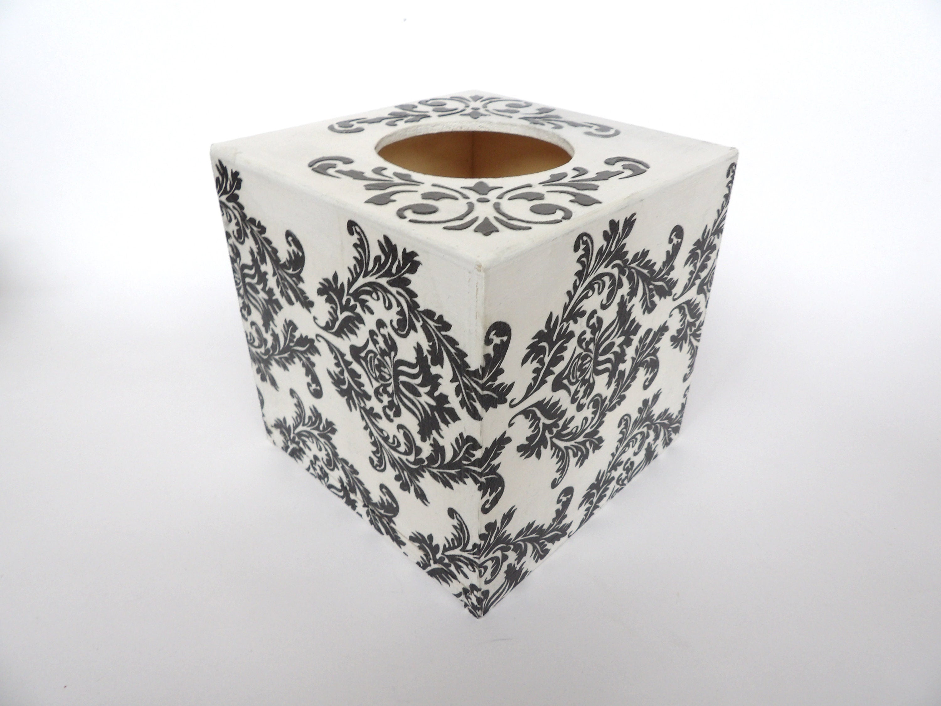 Tissue Box Cover in Black and White Damask Design, Square Tissue Box, Napkins Box, Tissue Dispenser, Kithchen Napkins Holder, New Home Gift