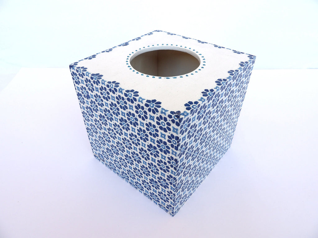 Blue Tissue Cover Box, Square Napkins Box, Wooden Napkins Holder, Housewarming Gift, Floral Design Box, Livingroom Decoration