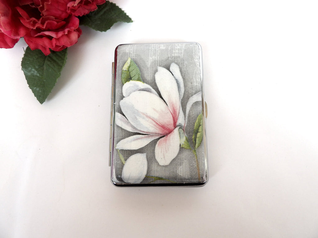 Magnolia Blossom Cigarrette Case, 100's slim Cigarette Box,  White Magnolia Pattern, Floral Woman Case, Business Card Case, Gift for wife