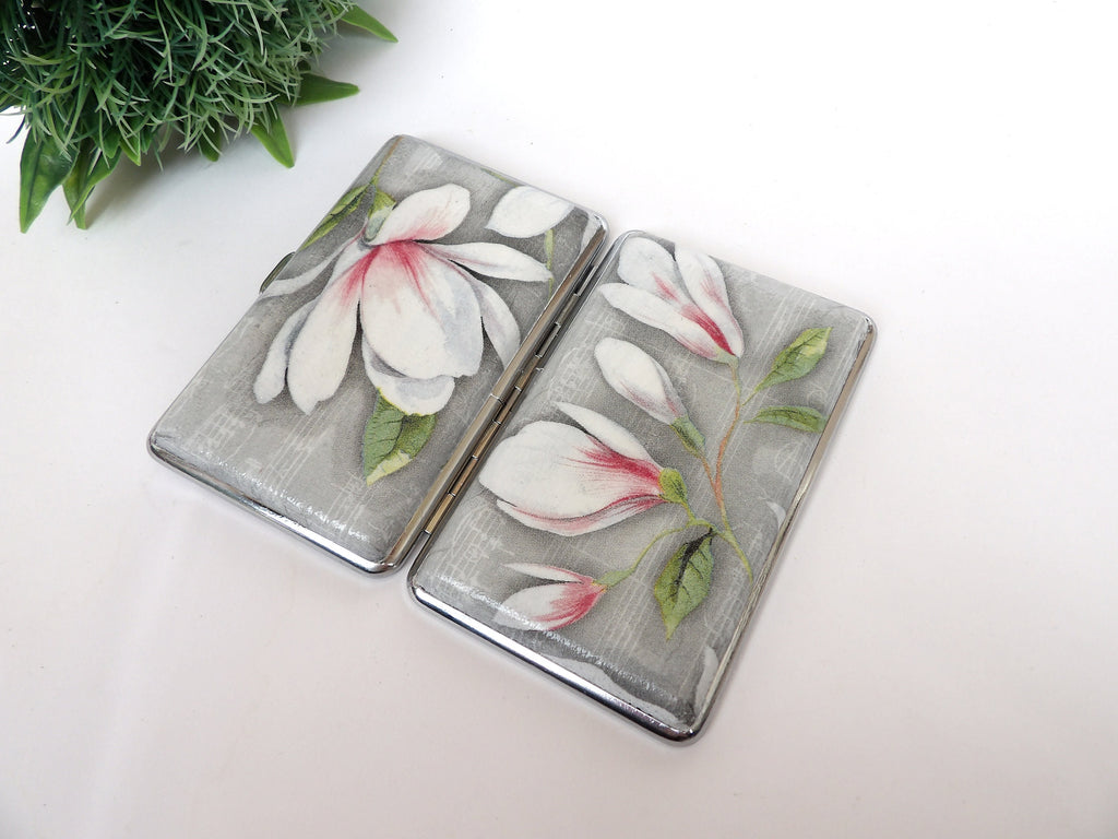 Magnolia Blossom Cigarrette Case, 100's slim Cigarette Box,  White Magnolia Pattern, Floral Woman Case, Business Card Case, Gift for wife