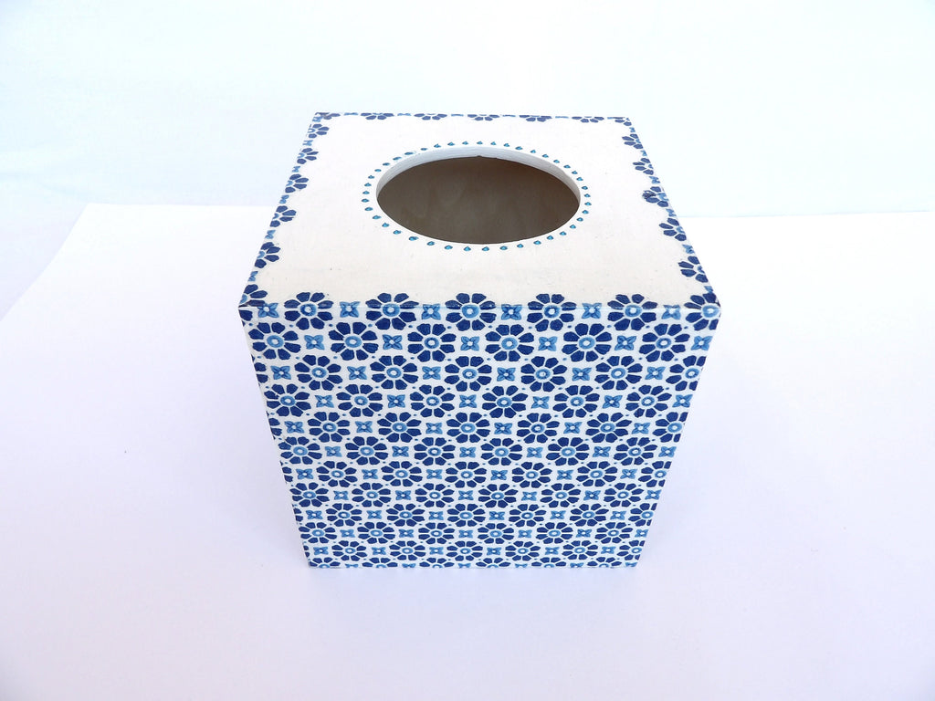 Blue Tissue Cover Box, Square Napkins Box, Wooden Napkins Holder, Housewarming Gift, Floral Design Box, Livingroom Decoration