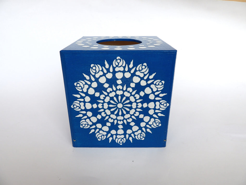 Handmade Wooden Tissue Box Cover – Blue and White Floral Mandala Design | Decorative Rustic Tissue Holder for Home and Office