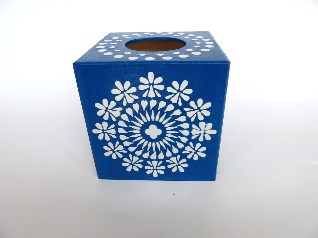 Handmade Wooden Tissue Box Cover – Blue and White Floral Mandala Design | Decorative Rustic Tissue Holder for Home and Office