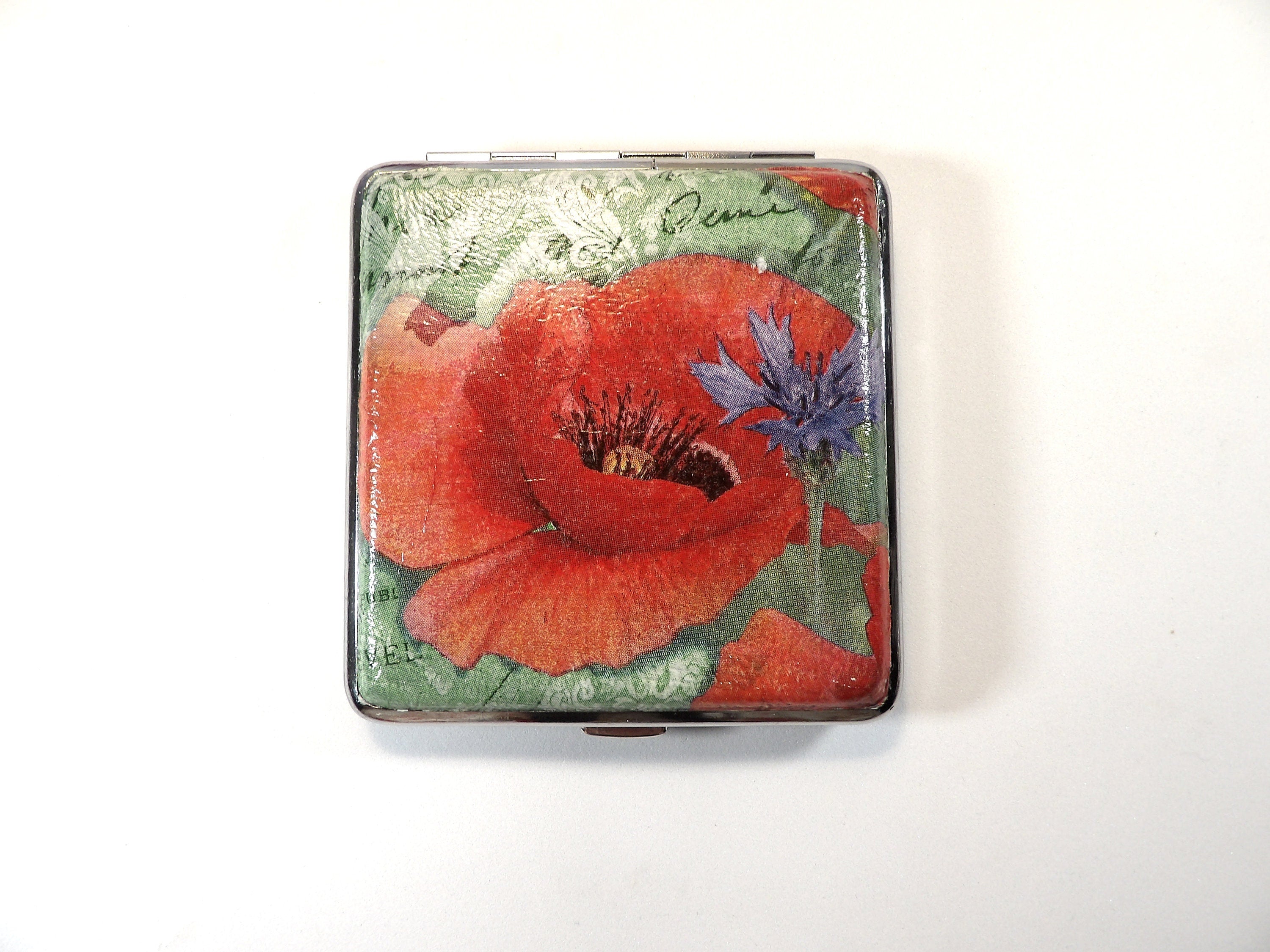 Red Poppy Cigarette Case, Credit Card Case, King Size Cigarette Box, Gift for Smokers, Vintage Cigarrette Wallet, Bag Accessory