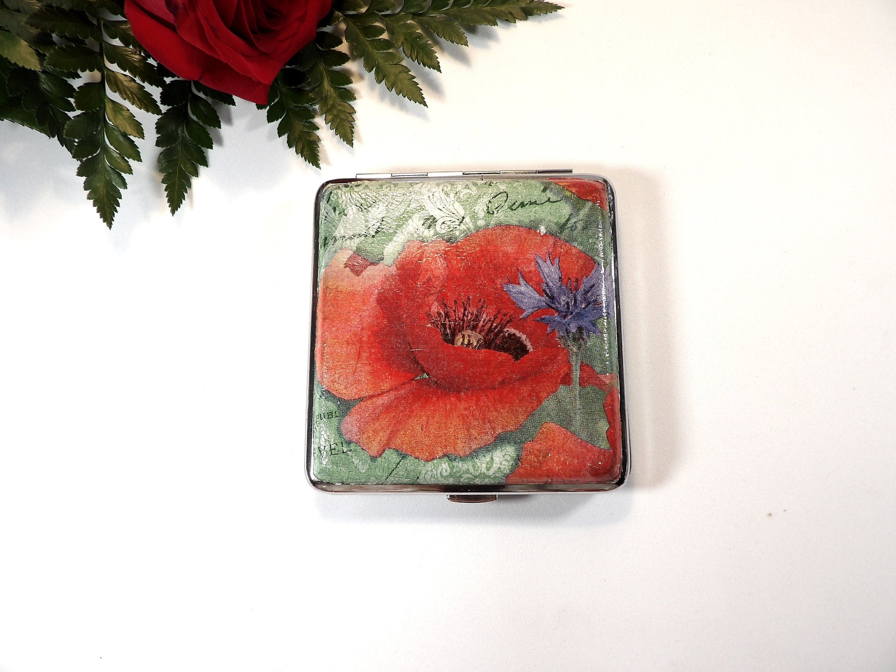 Red Poppy Cigarette Case, Credit Card Case, King Size Cigarette Box, Gift for Smokers, Vintage Cigarrette Wallet, Bag Accessory