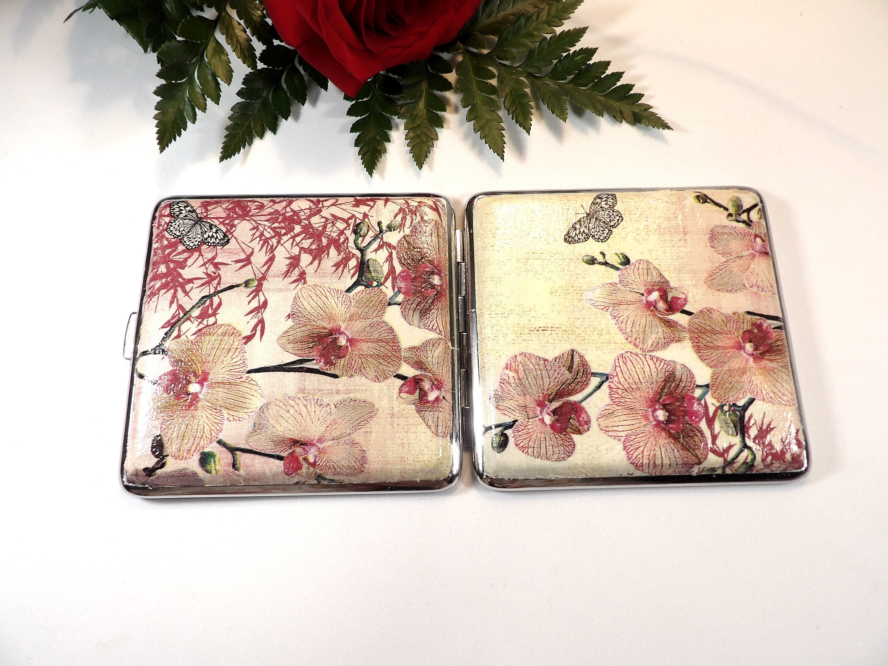 Orchid Cigarette Case, Floral ID Card Case, Business Card Case, Distresed Floral Box, Credit Card Wallet, Fashion Cigarrette Holder