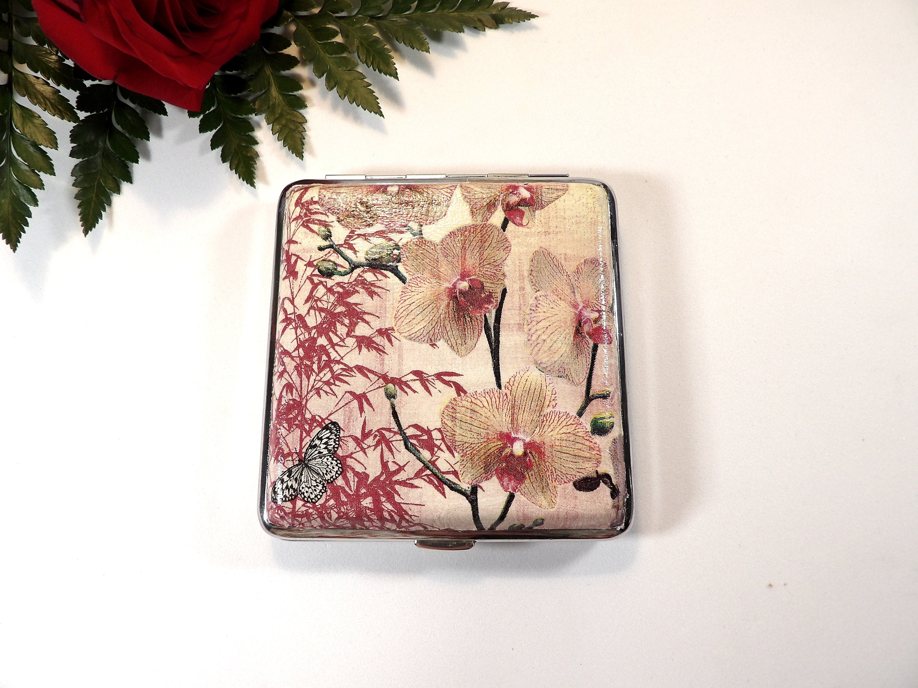 Orchid Cigarette Case, Floral ID Card Case, Business Card Case, Distresed Floral Box, Credit Card Wallet, Fashion Cigarrette Holder