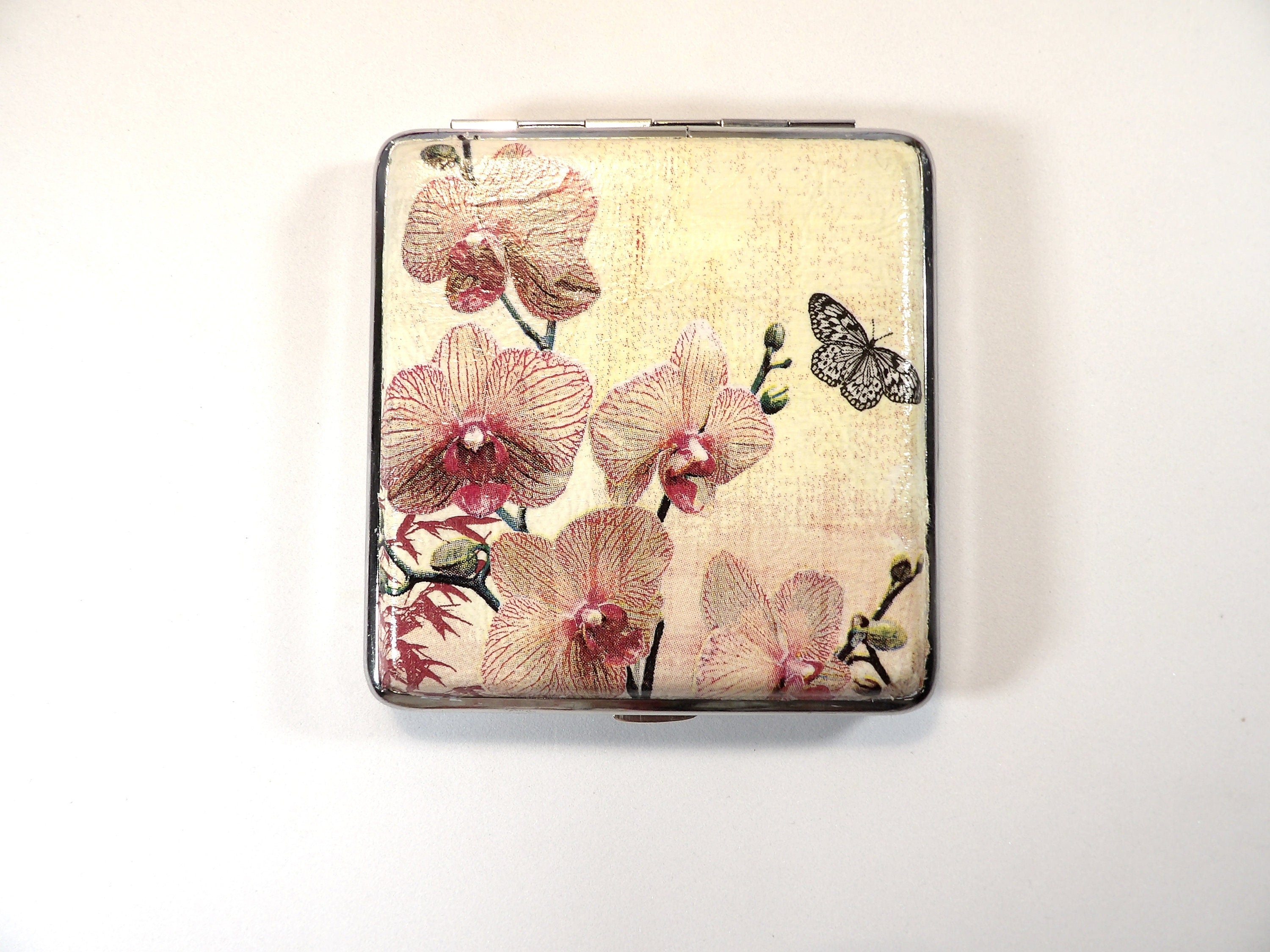 Orchid Cigarette Case, Floral ID Card Case, Business Card Case, Distresed Floral Box, Credit Card Wallet, Fashion Cigarrette Holder