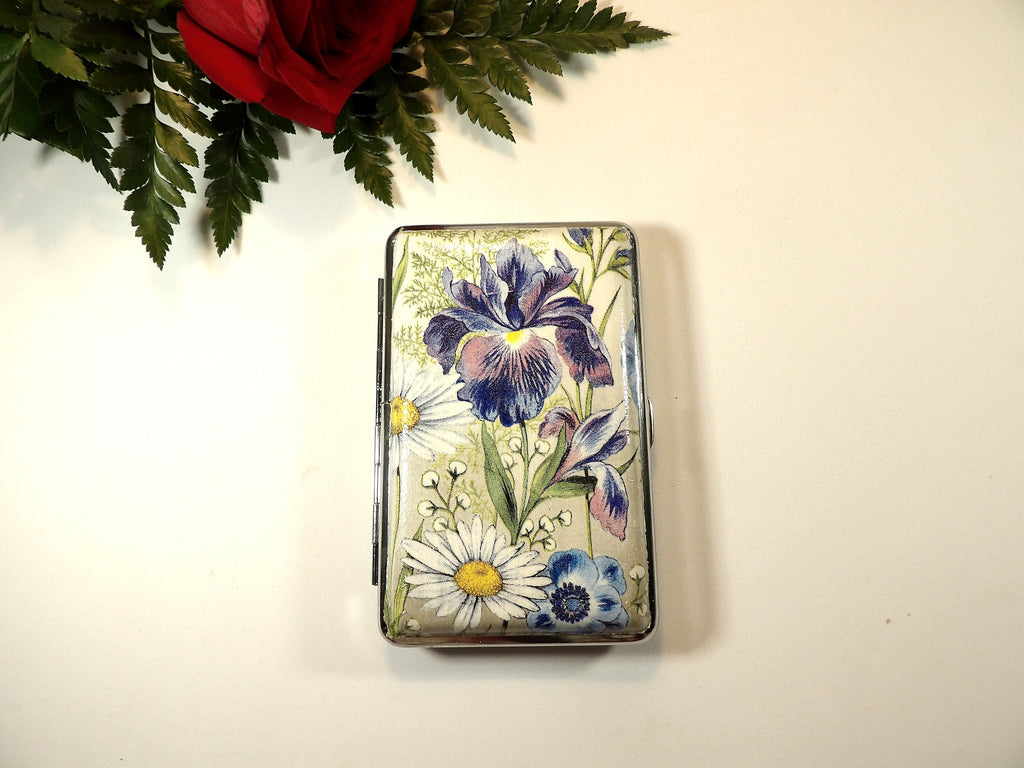 Blue Iris and daisy slim 100's Cigarrette Case, Business Card Case, Gift for Smokers, Elegant Gift for Her, Credit Card Case, Bag Purse