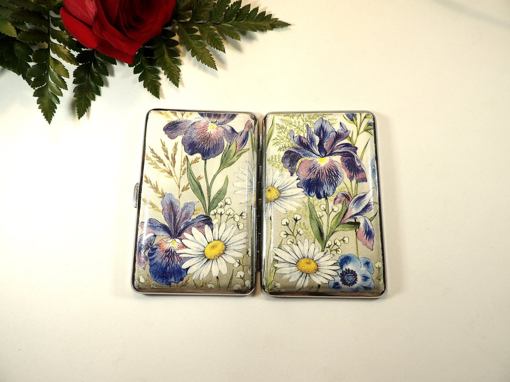 Blue Iris and daisy slim 100's Cigarrette Case, Business Card Case, Gift for Smokers, Elegant Gift for Her, Credit Card Case, Bag Purse