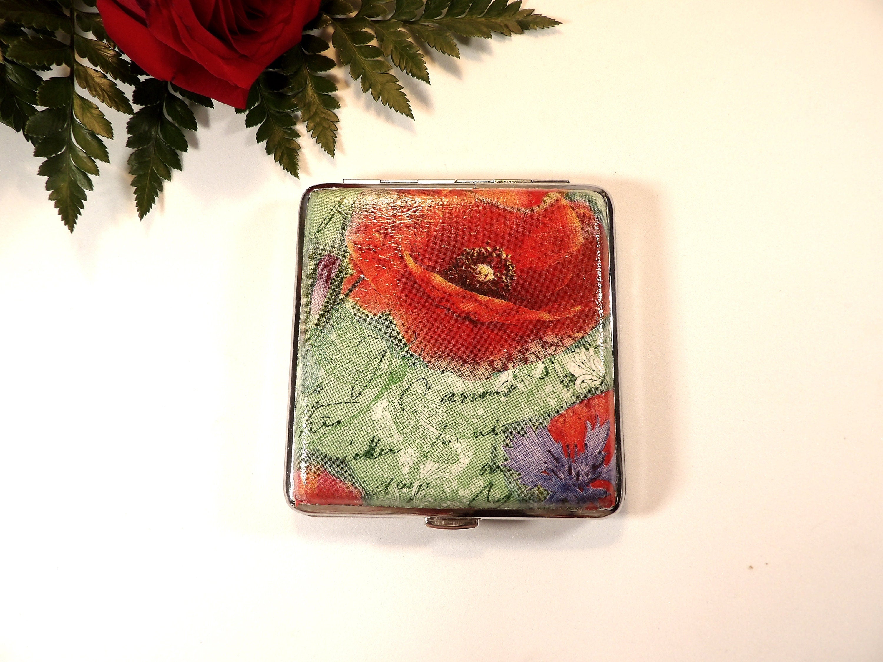 Red Poppy Cigarette Case, Credit Card Case, King Size Cigarette Box, Gift for Smokers, Vintage Cigarrette Wallet, Bag Accessory