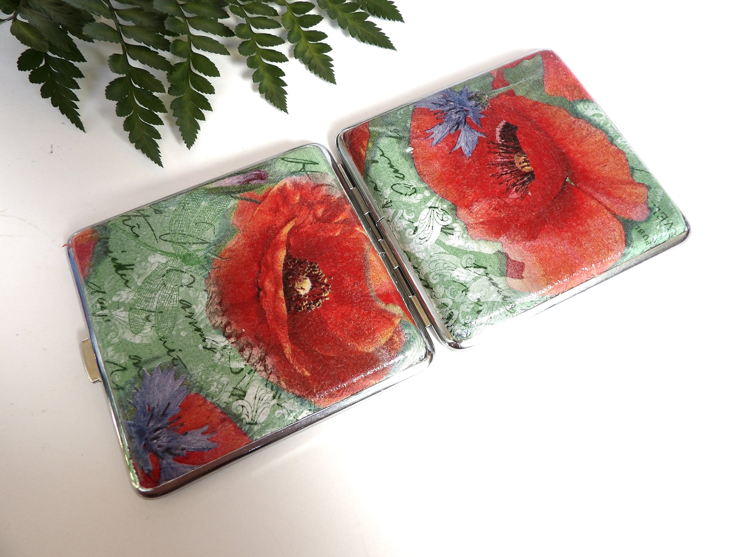 Red Poppy Cigarette Case, Credit Card Case, King Size Cigarette Box, Gift for Smokers, Vintage Cigarrette Wallet, Bag Accessory