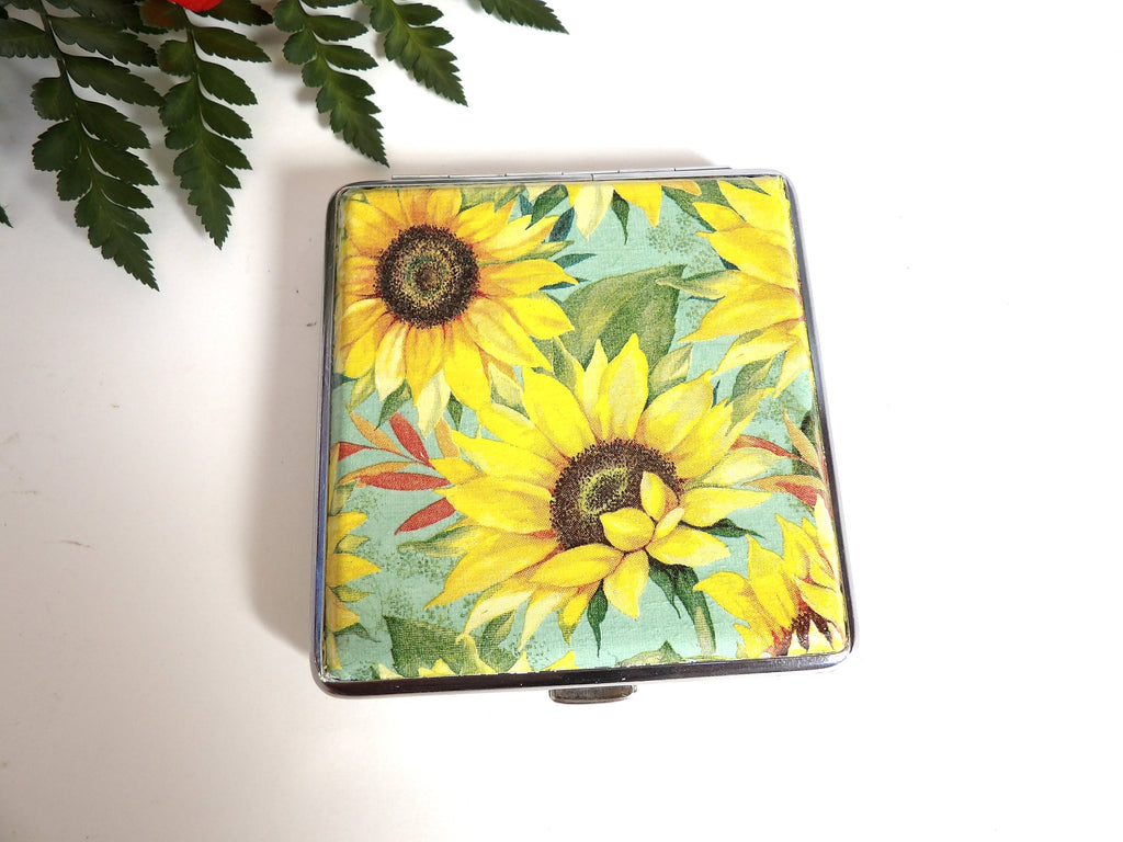 Sunflower Cigarette Case, Floral ID Card Case, Business Card Case, Distresed Floral Case, Credit Card Wallet, Fashion Cigarrette Holder