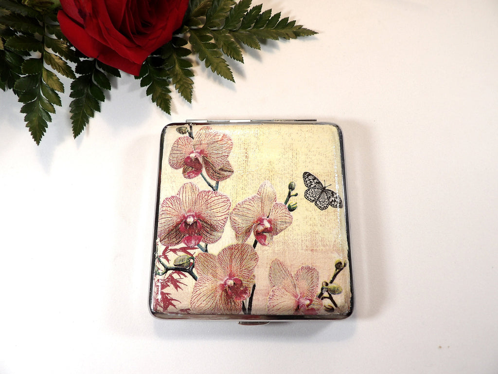 Orchid Cigarette Case, Floral ID Card Case, Business Card Case, Distresed Floral Box, Credit Card Wallet, Fashion Cigarrette Holder