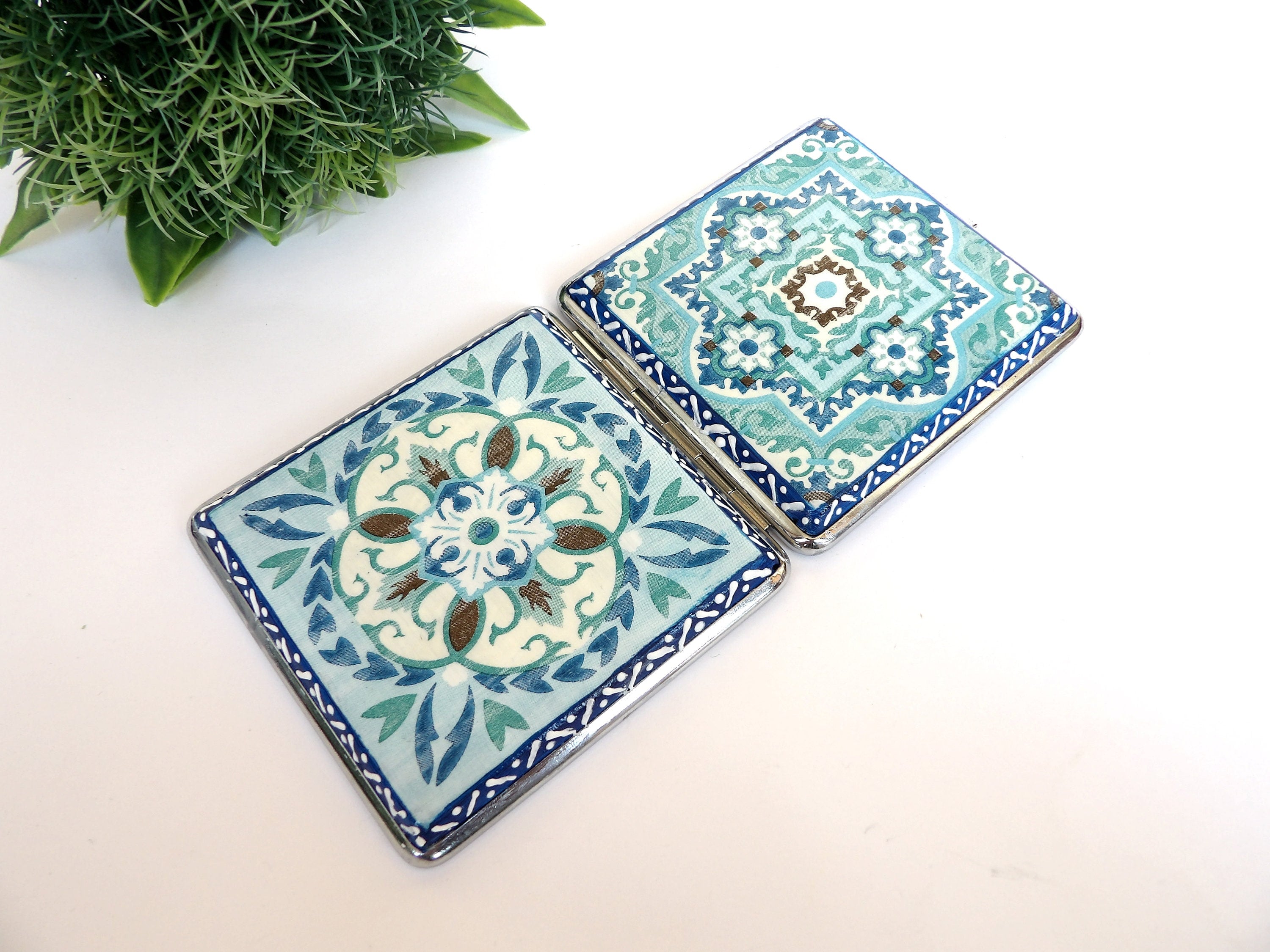 Blue Tiles Credit Card Case, Regular Size Cigarrette Box, Smoking Accessory, Women Business Card Case, Cigarrette Wallet, Backpack Purse