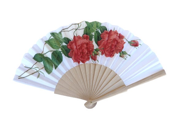 Elegant Hand Fan, Red Roses holding fan, japanese fan, party accessory, wedding flavor, contemporary fan, floral pattern complement,
