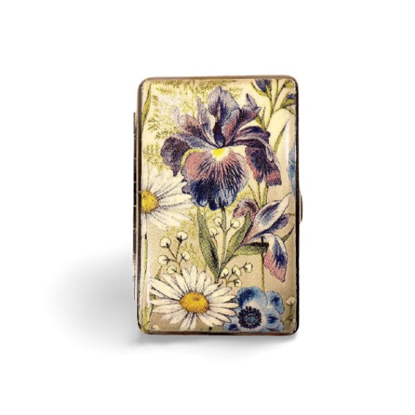Blue Iris and daisy slim 100's Cigarrette Case, Business Card Case, Gift for Smokers, Elegant Gift for Her, Credit Card Case, Bag Purse