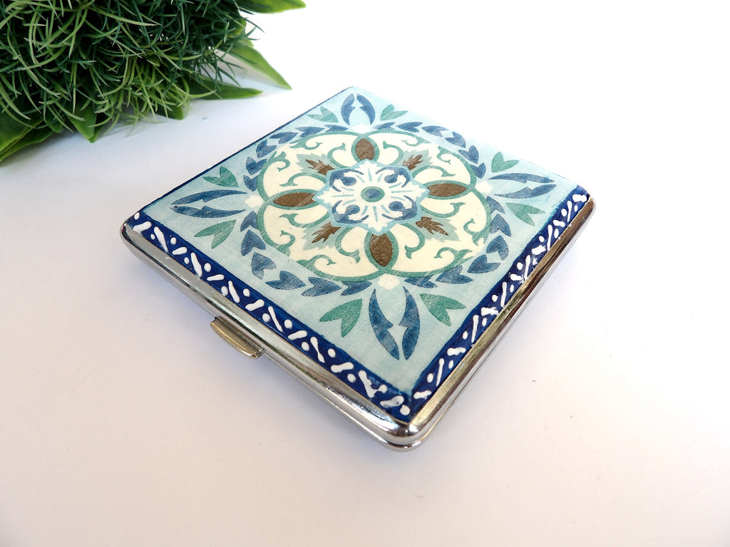 Blue Tiles Credit Card Case, Regular Size Cigarrette Box, Smoking Accessory, Women Business Card Case, Cigarrette Wallet, Backpack Purse