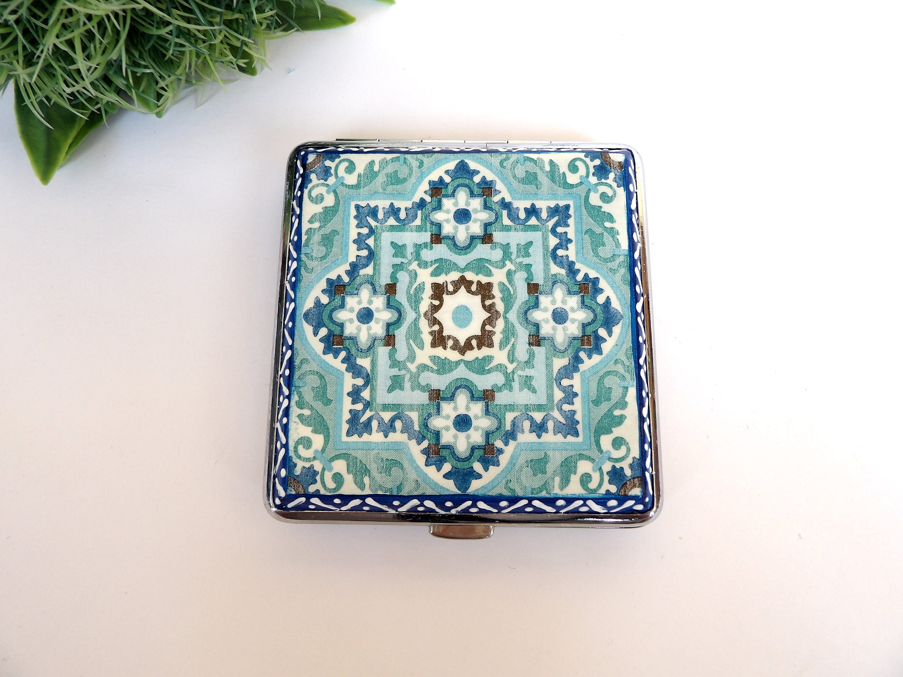 Blue Tiles Credit Card Case, Regular Size Cigarrette Box, Smoking Accessory, Women Business Card Case, Cigarrette Wallet, Backpack Purse